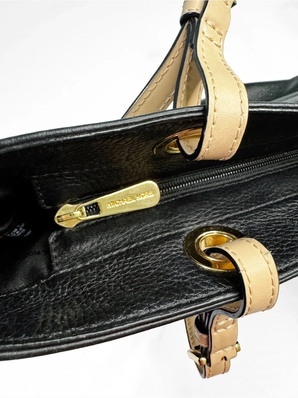 Michael Kors Black Leather Shoulder Bag with Beige Handles